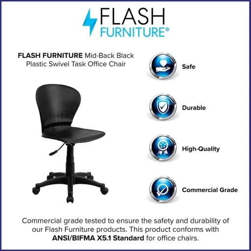 Flash Furniture Office Chairs<Sorho Armless Plastic Swivel Mid-Back Task Office Chair, Black (RUTA103BK)