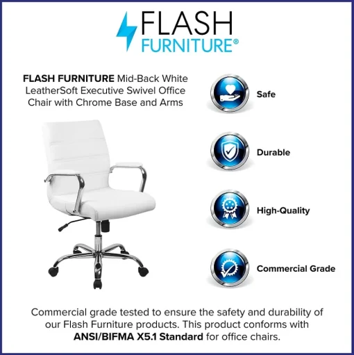 Flash Furniture Office Chairs<Whitney Ergonomic LeatherSoft Swivel Mid-Back Executive Office Chair, White/Chrome (GO2286MWH)