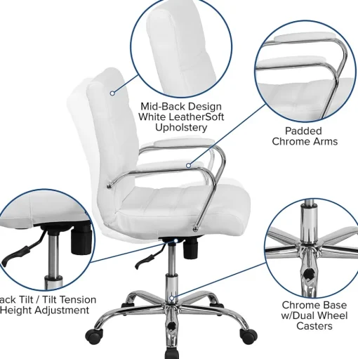 Flash Furniture Office Chairs<Whitney Ergonomic LeatherSoft Swivel Mid-Back Executive Office Chair, White/Chrome (GO2286MWH)