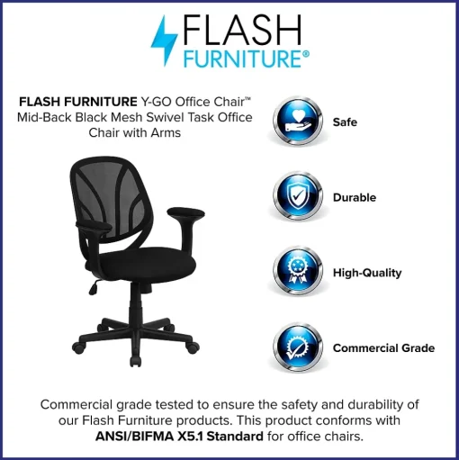Flash Furniture Office Chairs<Y-GO Office Ergonomic Mesh Swivel Mid-Back Task Office Chair, Black (GOWY05A)