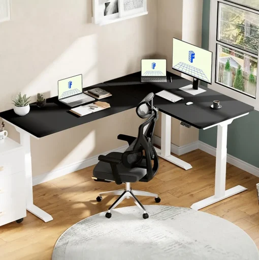 FlexiSpot Standing Desks<E7L Series 76"W Electric L-Shaped Adjustable Standing Desk, Black/White (E7LW557624B)