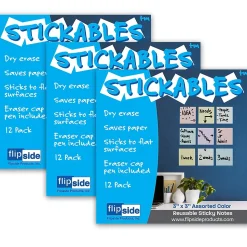 Flipside Dry Erase<Products Dry Erase Stickables with Dry Erase Marker, Assorted Pastel Colors, 3" x 3", 12 Per Pack, 3 Packs (FLP94433-3)