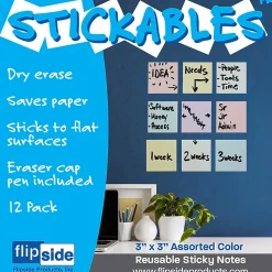 Flipside Dry Erase<Products Dry Erase Stickables with Dry Erase Marker, Assorted Pastel Colors, 3" x 3", 12 Per Pack, 3 Packs (FLP94433-3)