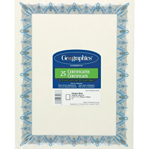 Geographics Awards & Certificates<Achievement Certificates, 8.5" x 11", Blue/White, 25/Pack (GEO39087)