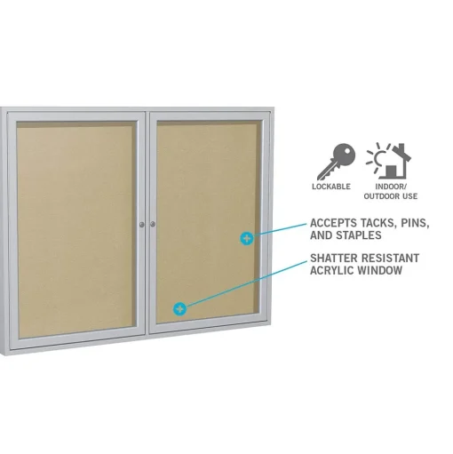 Ghent Bulletin<3' H x 5' W Enclosed Vinyl Bulletin Board with Satin Frame, 2 Door, Silver (PA23660VX-193)