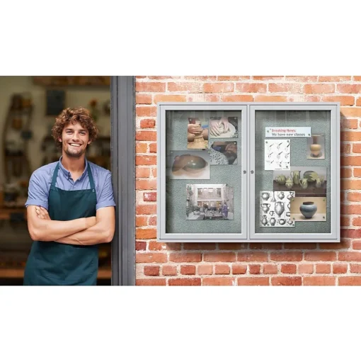 Ghent Bulletin<3' H x 5' W Enclosed Vinyl Bulletin Board with Satin Frame, 2 Door, Silver (PA23660VX-193)