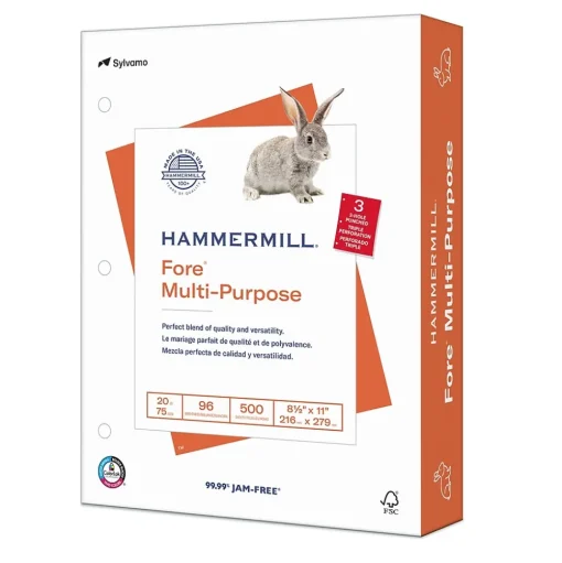 Hammermill Multipurpose Paper<Fore 8.5" x 11", 3-Hole Punched Multipurpose Paper, 20 lbs., 96 Brightness, 500 Sheets/Ream (103275)