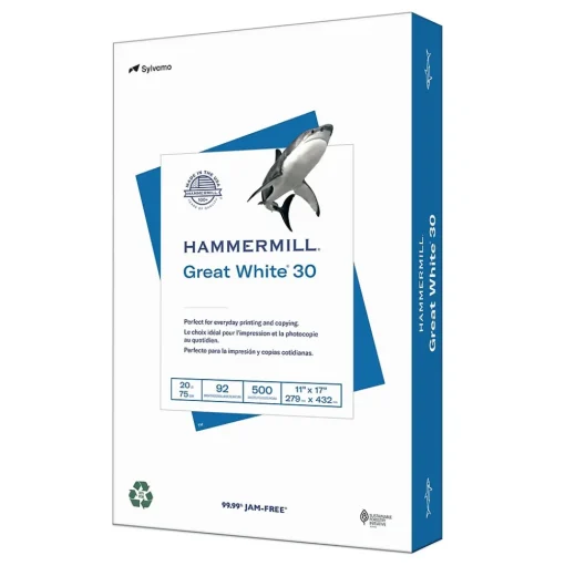 Hammermill Copy Paper<Great White 30% Recycled 11" x 17" Copy Paper, 20 lbs., 92 Brightness, 500/Ream (86750)