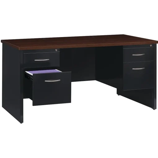 Hirsh Computer Desks<60"W Double-Pedestal Desk, Black/Walnut (20533)