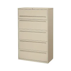 HON File Cabinets<Brigade 700 Series 5 File Drawer Lateral File Cabinet, Locking, Letter/Legal, Putty/Beige, 42"W (H795.L.L)