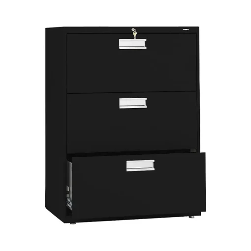 HON File Cabinets<Brigade 600 Series 3-Drawer Lateral File Cabinet, Locking, Letter/Legal, Black, 30"W (H673.L.P)