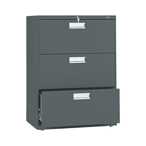 HON File Cabinets<Brigade 600 Series 3-Drawer Lateral File Cabinet, Locking, Letter/Legal, Charcoal, 30"W (H673.L.S)