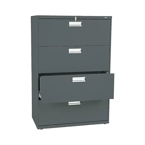 HON File Cabinets<Brigade 600 Series 4-Drawer Lateral File Cabinet, Locking, Letter/Legal, Charcoal, 36"W (H684.L.S)