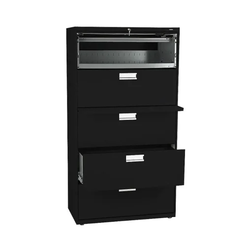 HON File Cabinets<Brigade 600 Series 5-Drawer Lateral File Cabinet, Locking, Letter/Legal, Black, 36"W (H685.L.P)