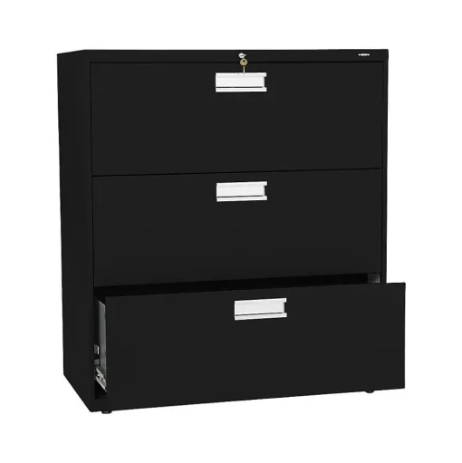 HON File Cabinets<Brigade 600 Series 3-Drawer Lateral File Cabinet, Locking, Letter/Legal, Black, 36"W (PHS-88)