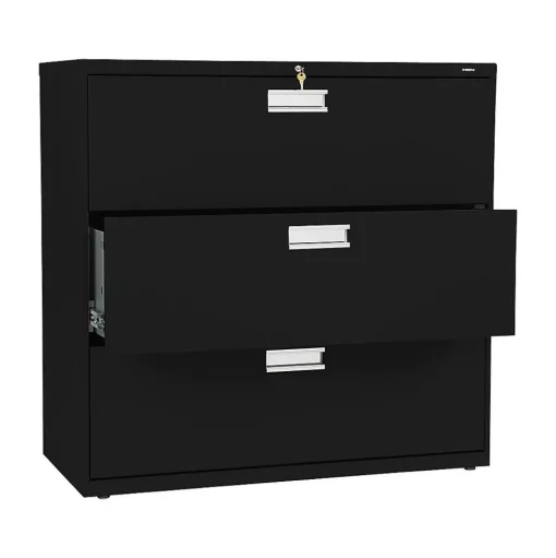 HON File Cabinets<Brigade 600 Series 3-Drawer Lateral File Cabinet, Locking, Letter/Legal, Black, 42"W (H693.L.P)