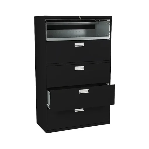 HON File Cabinets<Brigade 600 Series 5-Drawer Lateral File Cabinet, Locking, Letter/Legal, Black, 42"W (695LP)
