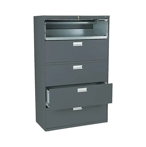 HON File Cabinets<Brigade 600 Series 5-Drawer Lateral File Cabinet, Locking, Charcoal, Letter/Legal, 42"W (H695.L.S)