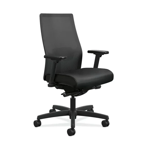 HON Ergonomic Chairs<Ignition 2.0 Mesh/Vinyl Mid-Back Task Chair, Adjustable Arms, Black (12M2AMLU10TK)