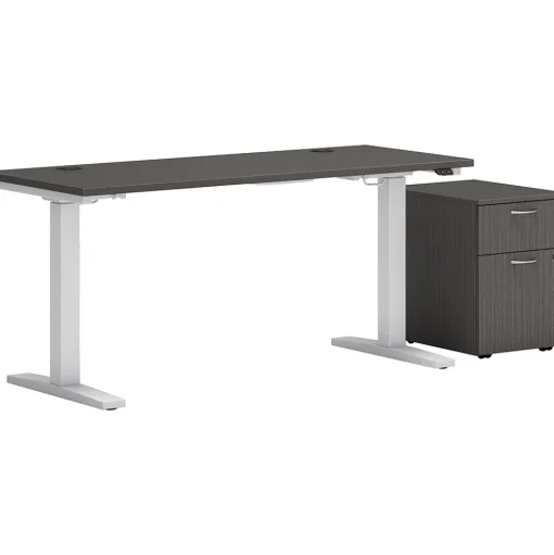 HON Standing Desks<Mod 48"W Adjustable Standing Desk with Mobile Storage, Slate Teak (HLPLRW4824CHATBFSL1)