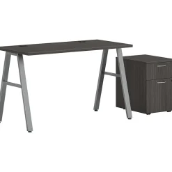 HON Office Desks<Mod 48"W Table Desk with Mobile Storage, Slate Teak (HLPL4824BFTM1ALEGSLV)