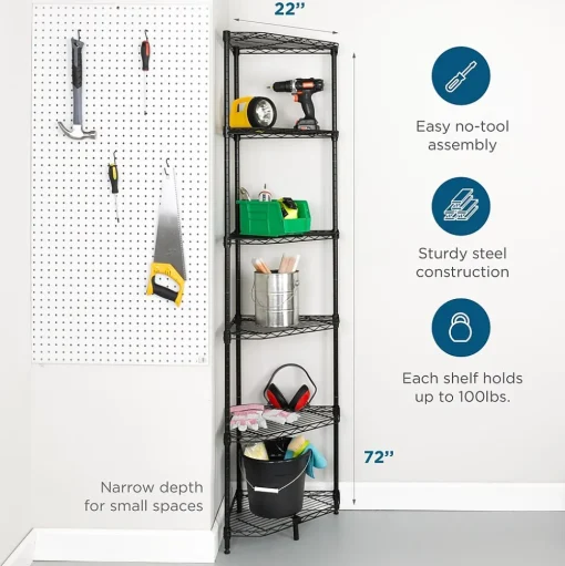 Honey-Can-Do Shelving<6-Tier Compact Triangle Corner Shelving Unit, Black (SHF-10005)