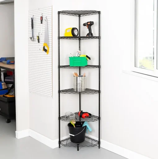 Honey-Can-Do Shelving<6-Tier Compact Triangle Corner Shelving Unit, Black (SHF-10005)