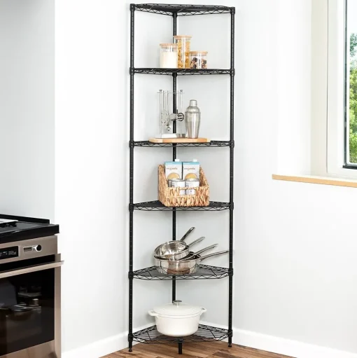 Honey-Can-Do Shelving<6-Tier Compact Triangle Corner Shelving Unit, Black (SHF-10005)