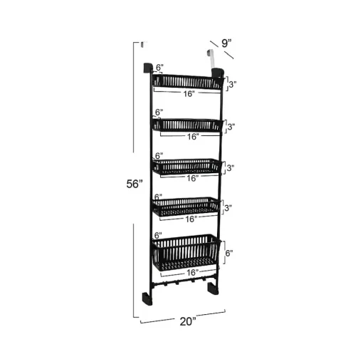 Household Essentials Shelving<5-Shelf Plastic Over-the-Door Storage Rack, 20", Black (2196-1)