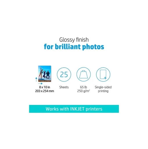 HP Photo Paper<Advanced Photo Paper, Glossy, 8" x 10", 25 Sheets/Pack (6J777A)