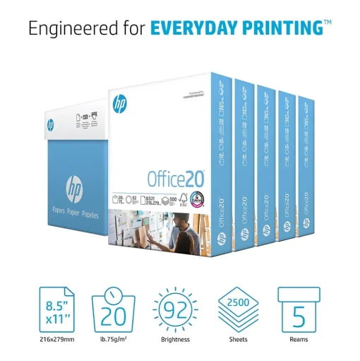 HP Copy Paper<Office20 8.5" x 11" Copy Paper, 20 lbs., 92 Brightness, 2500 Sheets/Carton (C8511C)