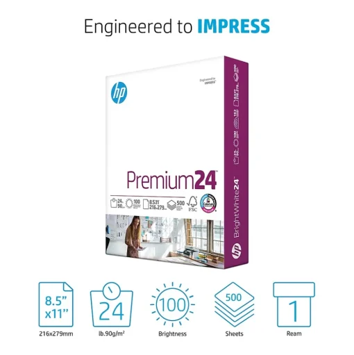 HP Multipurpose Paper<Premium24 8.5" x 11" Laser Paper, 24 lbs., 100 Brightness, 500 Sheets/Ream (J1124)