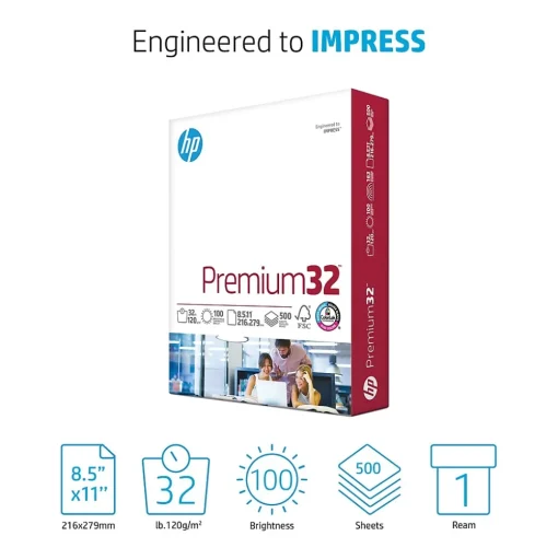 HP Multipurpose Paper<Premium32 8.5" x 11" Multipurpose Paper, 32 lbs., 100 Brightness, 500 Sheets/Ream (113100)
