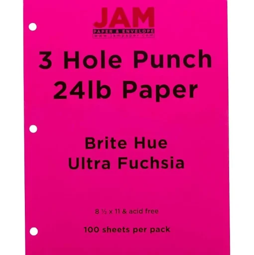 JAM Paper Multipurpose Paper<3 Hole Punch 24lb Colored Paper, 8.5 x 11, Ultra Fuchsia Pink, 100 Sheets/Pack (354428163)