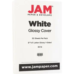 JAM Paper Card Stock<80 lb. Cardstock Paper, 8.5" x 11", White Glossy, 50 Sheets/Pack (01034702F)