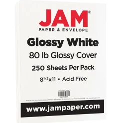 JAM Paper Card Stock<80 lb. Cardstock Paper, 8.5" x 11", White Glossy, 250 Sheets/Pack (1034702)