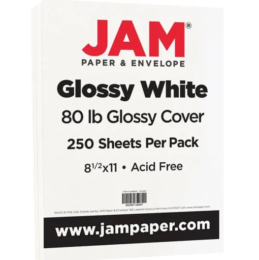 JAM Paper Card Stock<80 lb. Cardstock Paper, 8.5" x 11", White Glossy, 250 Sheets/Pack (1034702)