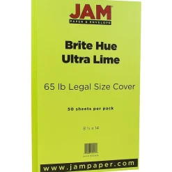 JAM Paper Card Stock<65 lb. Cardstock Paper, 8.5" x 14", Ultra Lime Green, 50 Sheets/Pack (16730929)