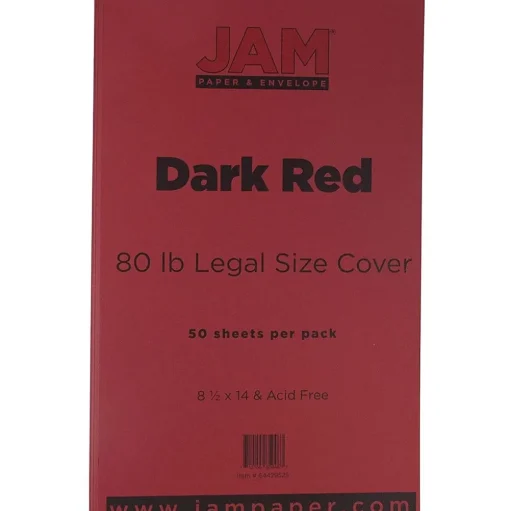 JAM Paper Card Stock<80 lb. Cardstock Paper, 8.5" x 14", Dark Red, 50 Sheets/Pack (64429525)