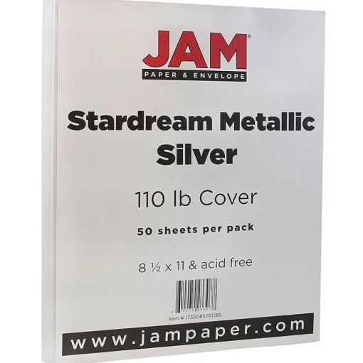 JAM Paper Card Stock<110 lb. Cardstock Paper, 8.5" x 11", Silver Stardream, 50 Sheets/Pack (181137)