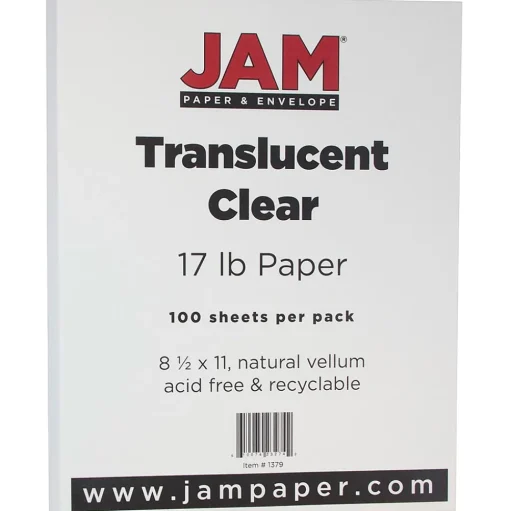 JAM Paper Multipurpose Paper<8.5" x 11" Translucent Clear Vellum Paper, 17 lbs., 70 Brightness, 100 Sheets/Pack (1379)