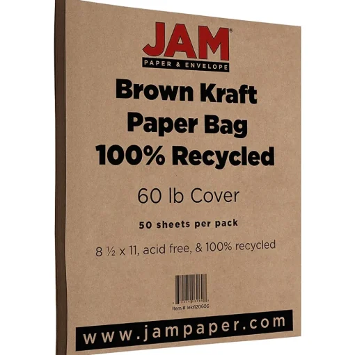 JAM Paper Card Stock<Matte 60 lb. Cardstock Paper, 8.5" x 11", Brown Kraft, 50 Sheets/Pack (LEKR120606)