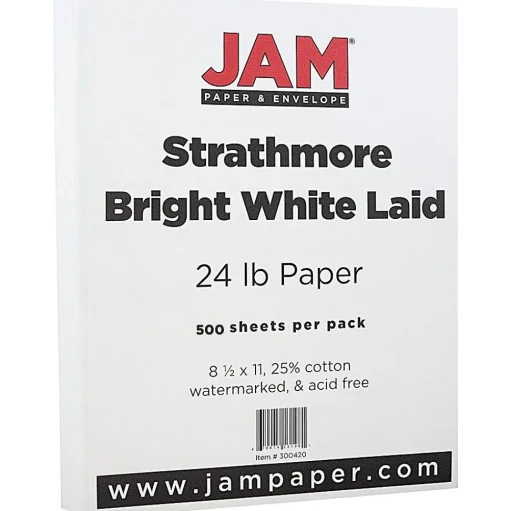 JAM Paper Resume Paper<® Strathmore 24lb Paper, 8.5 x 11, Bright White Laid, 500 Sheets/Ream (300420B)