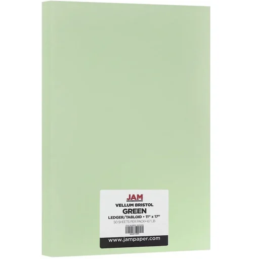 JAM Paper Card Stock<® Vellum Bristol 67lb Cardstock, 11 x 17 Tabloid Coverstock, Green, 50 Sheets/Pack (16932836)