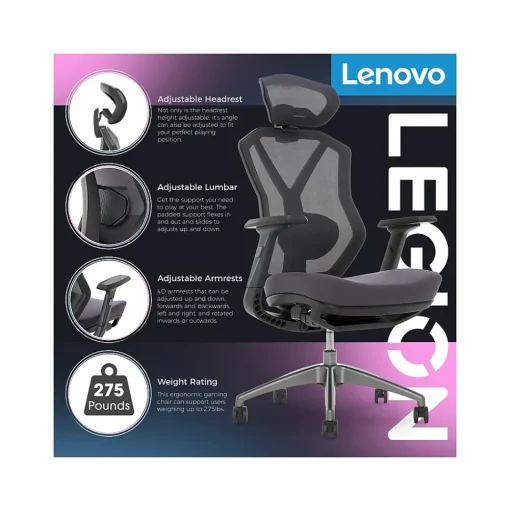 Lenovo Gaming Chairs<Legion Mesh Ergonomic Racing Gaming Chair, Dark Gray (52014DGRY)