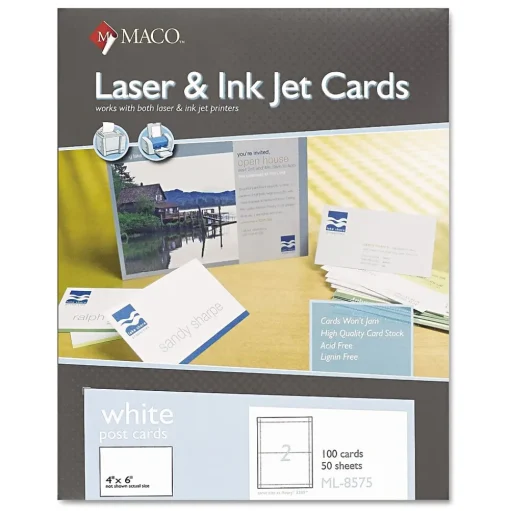 Maco Index Cards<Laser and Ink Jet Post Cards, 2 Up, 6"x4", White, 100/Bx