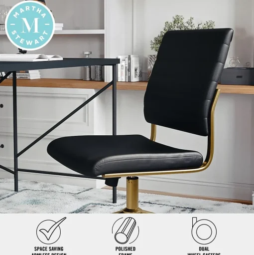 Martha Stewart Office Chairs<Ivy Armless Faux Leather Swivel Office Chair, Black/Polished Brass (CH2209211BKGLD)