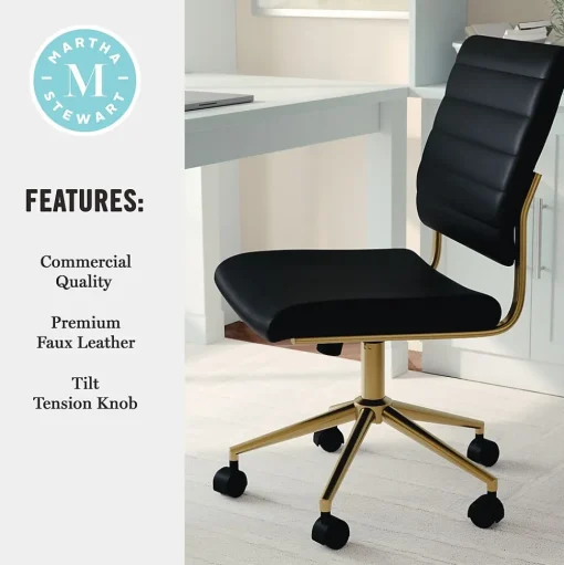 Martha Stewart Office Chairs<Ivy Armless Faux Leather Swivel Office Chair, Black/Polished Brass (CH2209211BKGLD)