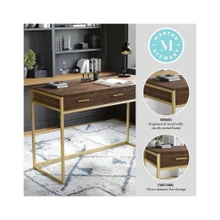Martha Stewart Office Desks<Ollie 47"W Home Office Desk with 3 Drawers, Walnut/Polished Brass (ZGZP028BRGLD)