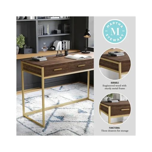 Martha Stewart Office Desks<Ollie 47"W Home Office Desk with 3 Drawers, Walnut/Polished Brass (ZGZP028BRGLD)